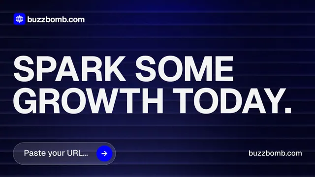 Landscape graphic for BuzzBomb: "Spark some growth today." Agentic glass style, poster layout, dark palette in black, blue, grey.