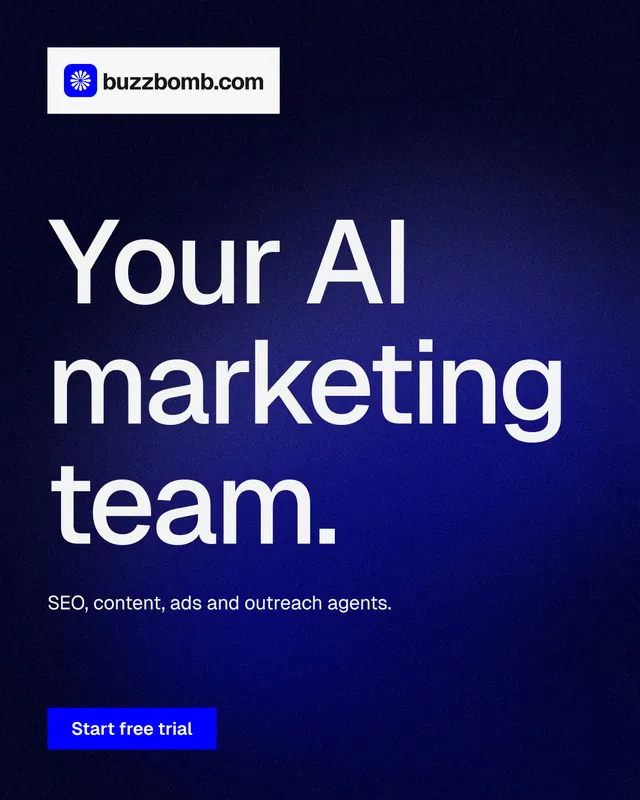 Instagram portrait post for BuzzBomb: "Your AI marketing team." Swiss style, announce layout, dark palette in black, blue, grey.