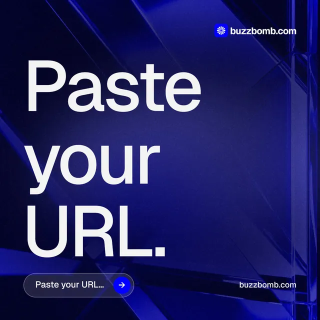 Instagram post for BuzzBomb: "Paste your URL." Agentic glass style, poster layout, dark palette in black, blue, grey.