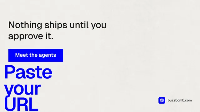 Landscape graphic for BuzzBomb: "Paste your URL." Swiss style, oversized layout, light palette in white, blue.