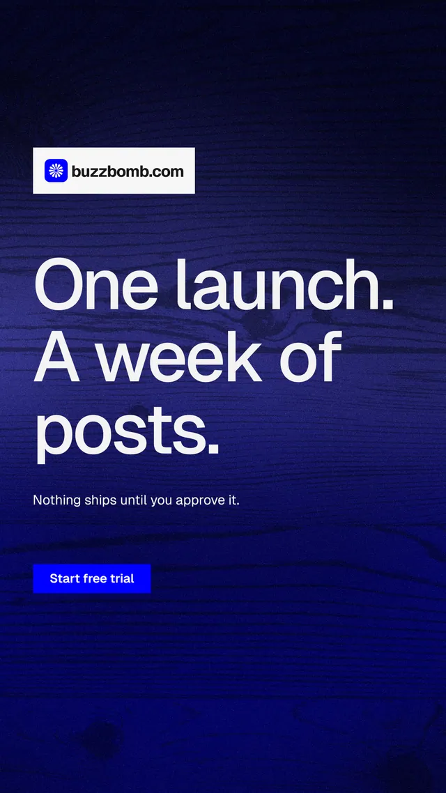 Instagram story for BuzzBomb: "One launch. A week of posts." Swiss style, announce layout, dark palette in blue, black, grey.