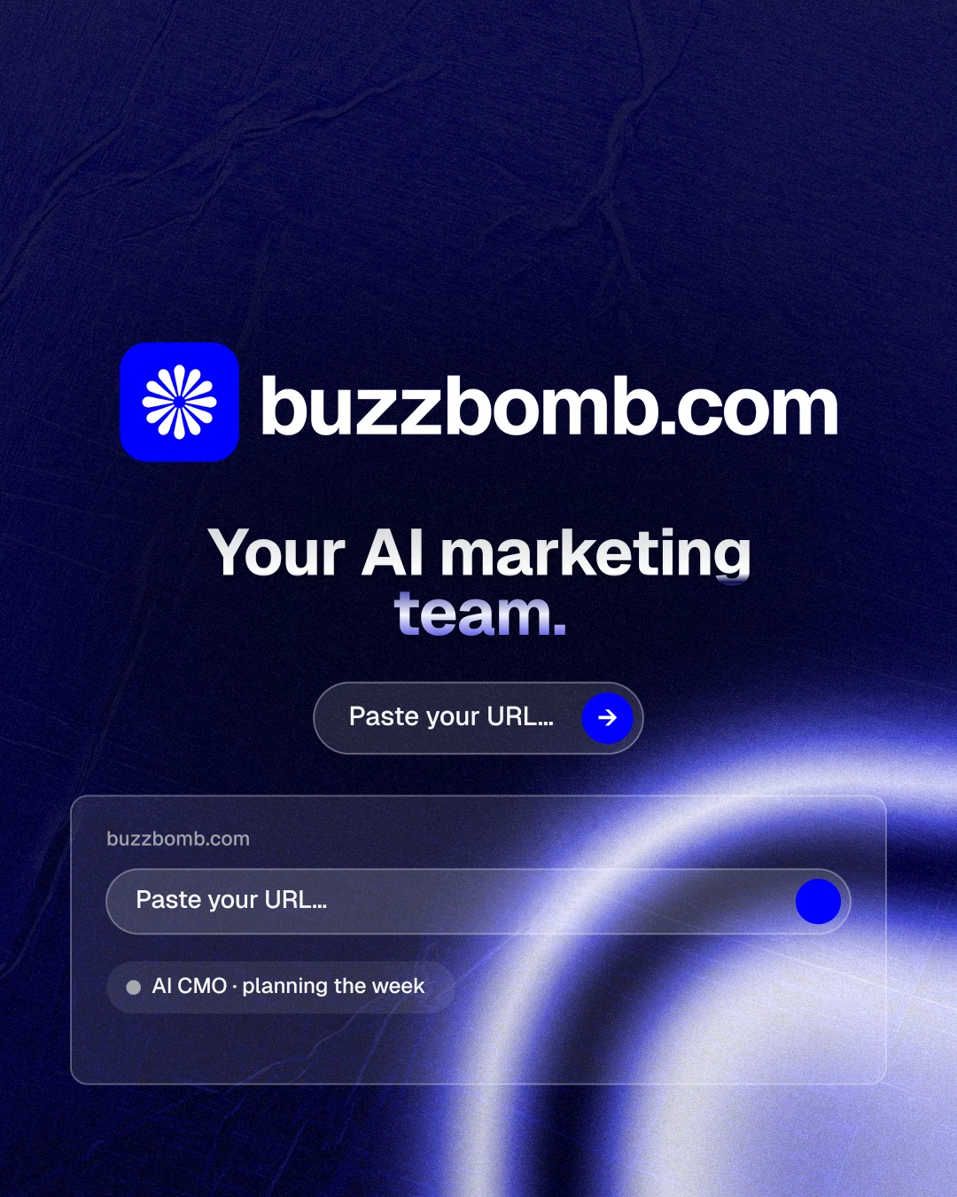 Instagram portrait post for BuzzBomb: "Your AI marketing team." Agentic glass style, logo hero layout, dark palette in blue, black.