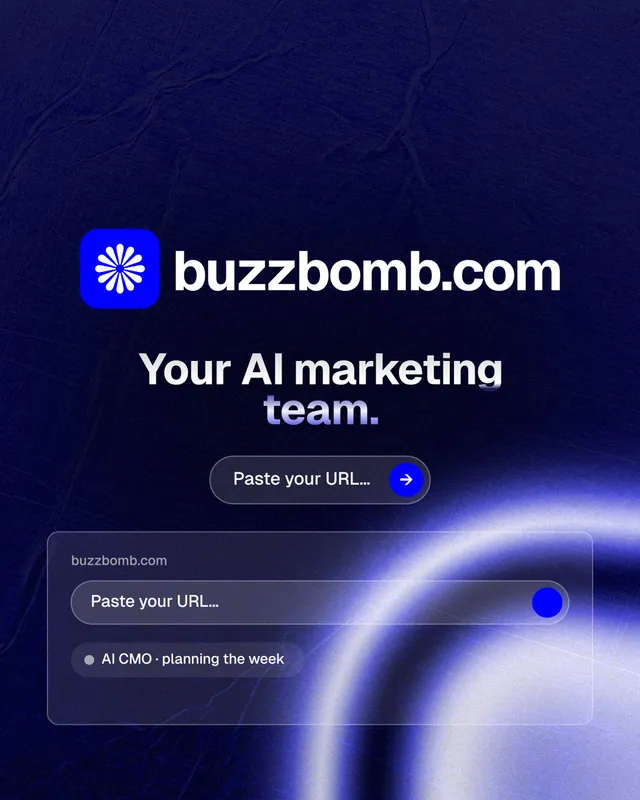 Instagram portrait post for BuzzBomb: "Your AI marketing team." Agentic glass style, logo hero layout, dark palette in blue, black.
