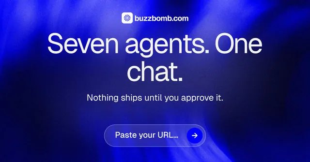 Social ad for BuzzBomb: "Seven agents. One chat." Agentic glass style, centred layout, dark palette in blue.