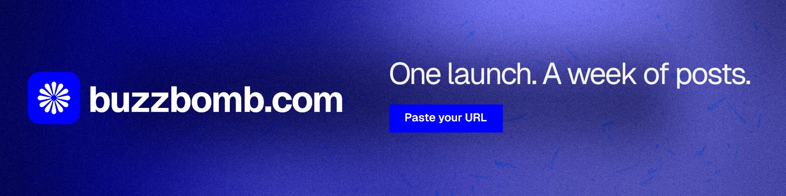LinkedIn banner for BuzzBomb: "One launch. A week of posts." Swiss style, logo hero layout, dark palette in blue.