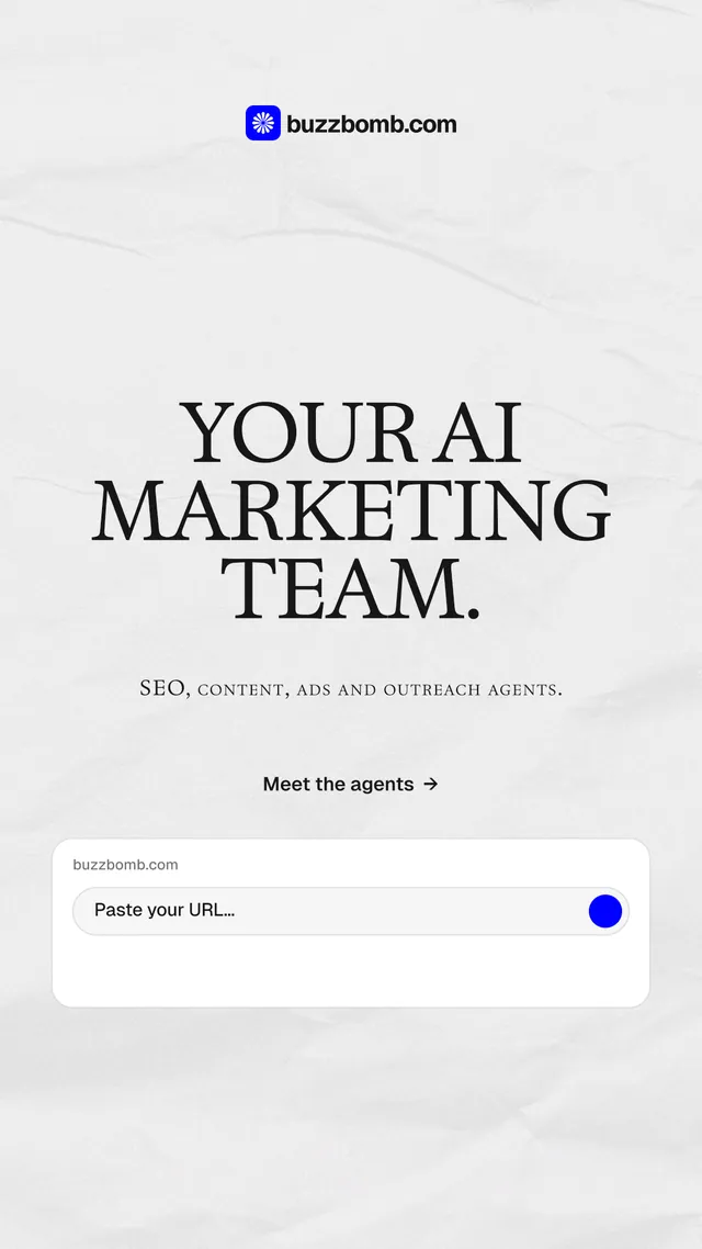 Instagram story for BuzzBomb: "Your AI marketing team." Swiss style, smallcaps layout, light palette in white, grey.