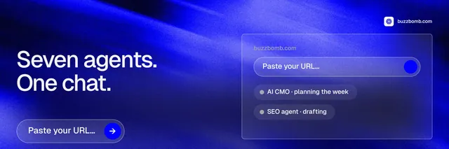 X header for BuzzBomb: "Seven agents. One chat." Agentic glass style, bottom layout, dark palette in blue.