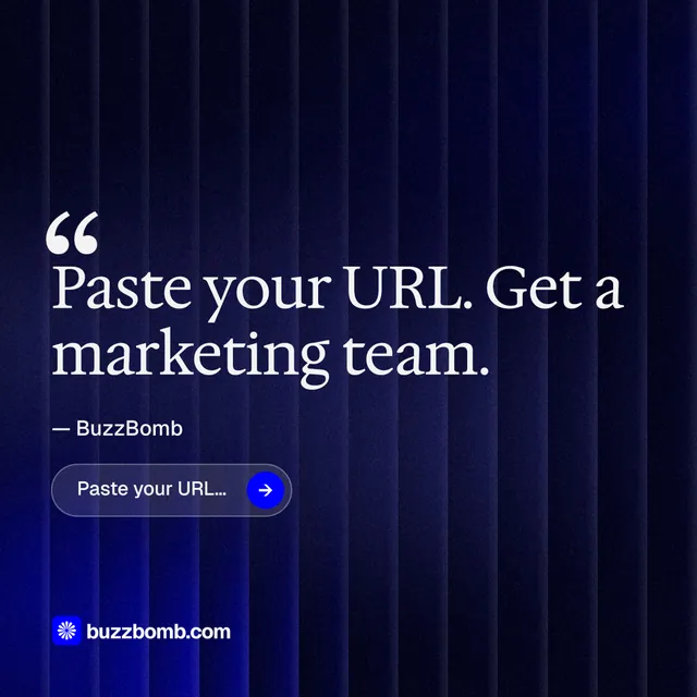 Instagram post for BuzzBomb: "Distribution, solved." Agentic glass style, quote layout, dark palette in blue, black.