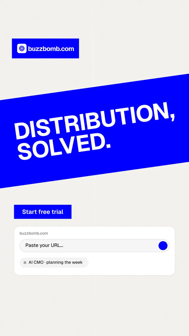 Instagram story for BuzzBomb: "Distribution, solved." Swiss style, diagonal layout, light palette in white, blue.