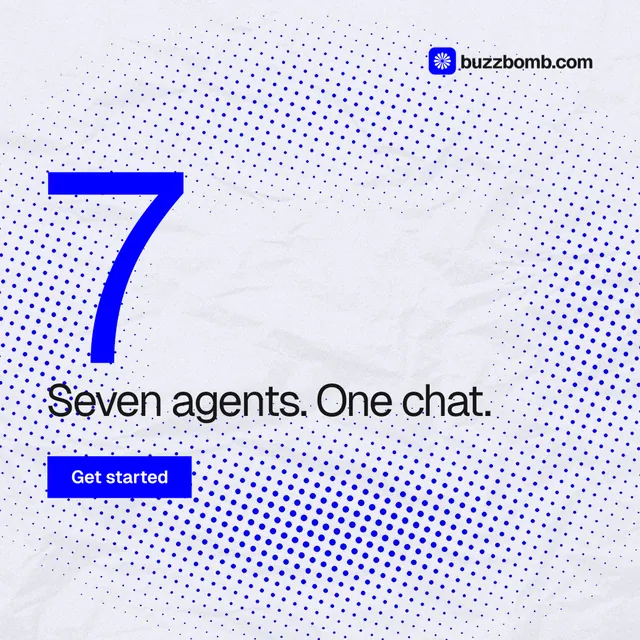 Instagram post for BuzzBomb: "One launch. A week of posts." Swiss style, stat layout, light palette in blue, white.