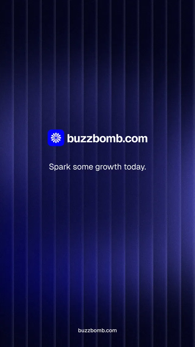 Instagram story for BuzzBomb: "Spark some growth today." Agentic glass style, end card layout, dark palette in black, blue.