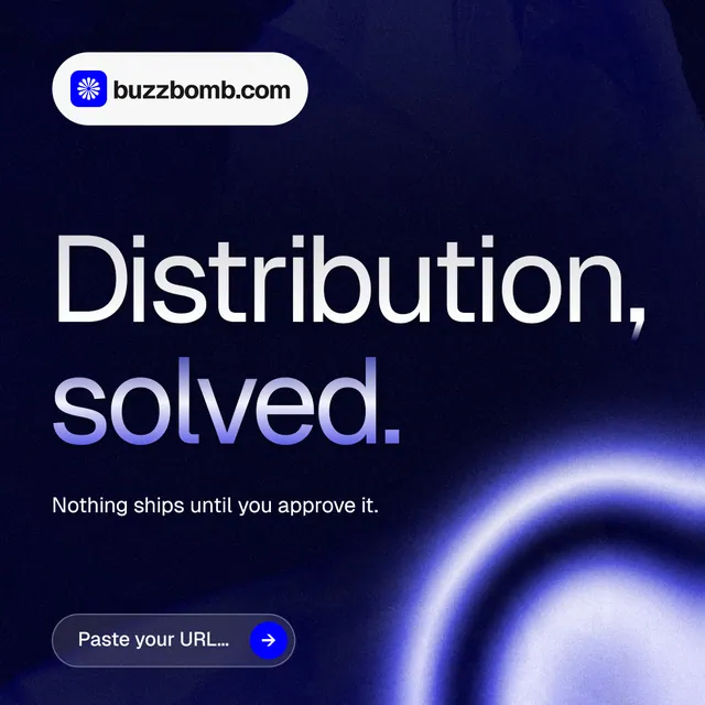 Instagram post for BuzzBomb: "Distribution, solved." Agentic glass style, announce layout, dark palette in black, blue.