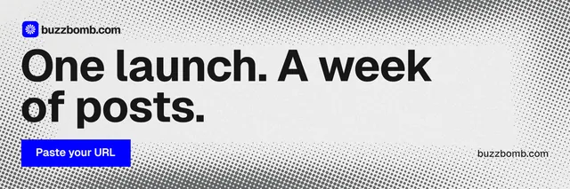 X header for BuzzBomb: "One launch. A week of posts." Swiss style, poster layout, light palette in white, grey.