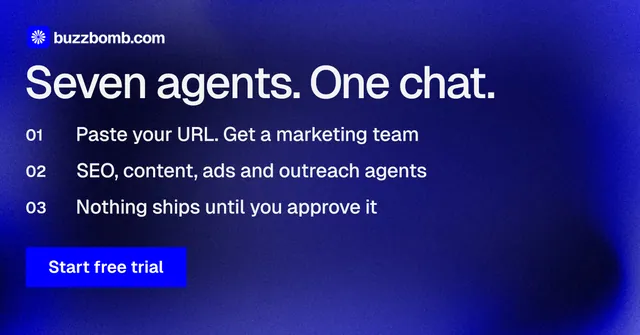Social ad for BuzzBomb: "Seven agents. One chat." Swiss style, numbered layout, dark palette in blue.