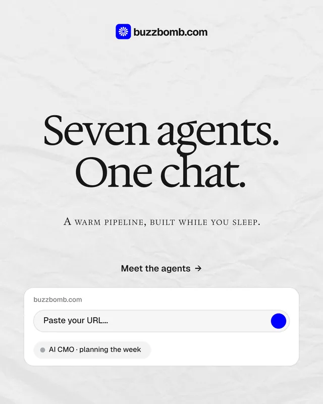 Instagram portrait post for BuzzBomb: "Seven agents. One chat." Swiss style, smallcaps layout, light palette in white, grey.