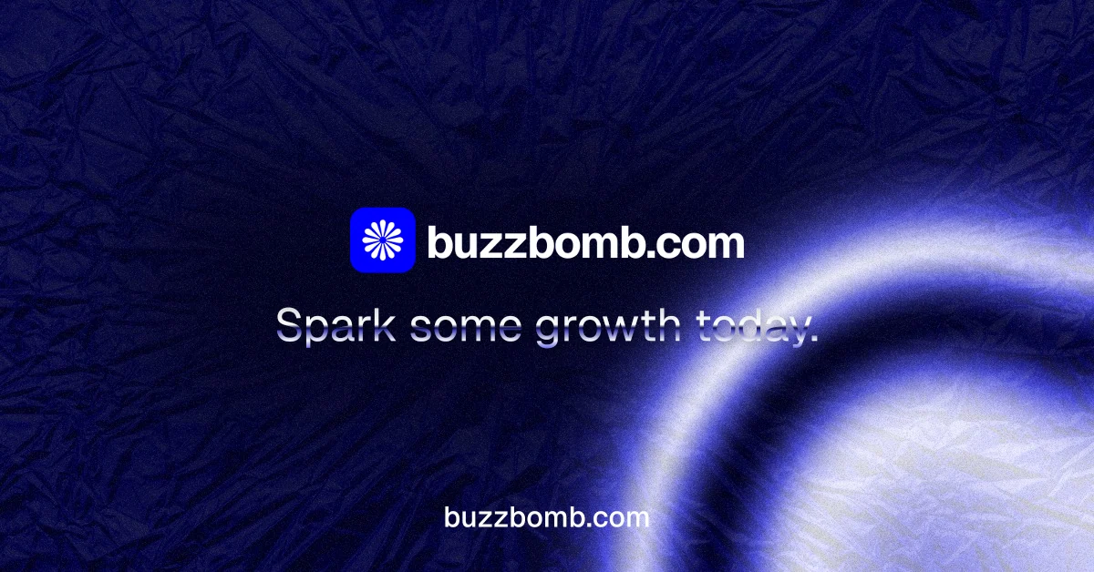 Social ad for BuzzBomb: "Spark some growth today." Agentic glass style, end card layout, dark palette in blue, black.
