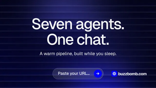 Landscape graphic for BuzzBomb: "Seven agents. One chat." Agentic glass style, centred layout, dark palette in black, blue, grey.