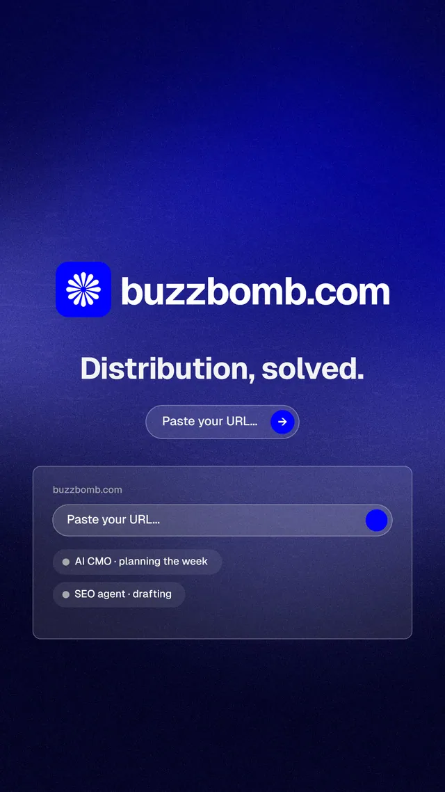 Instagram story for BuzzBomb: "Distribution, solved." Agentic glass style, logo hero layout, dark palette in black, blue.