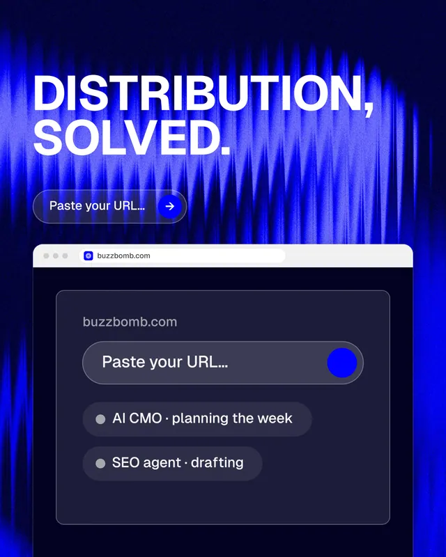 Instagram portrait post for BuzzBomb: "Distribution, solved." Agentic glass style, browser layout, dark palette in black, blue.