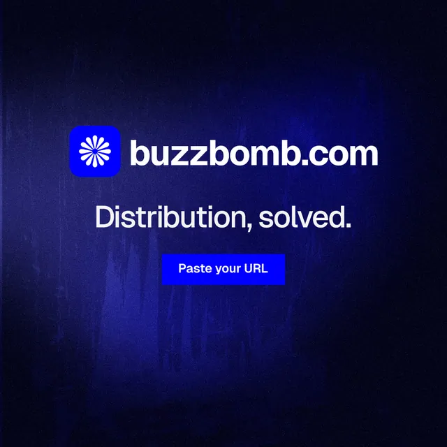 Instagram post for BuzzBomb: "Distribution, solved." Swiss style, logo hero layout, dark palette in black, blue.