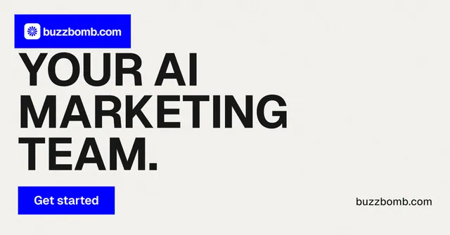 Social ad for BuzzBomb: "Your AI marketing team." Swiss style, poster layout, light palette in white, blue.