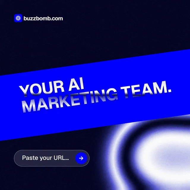 Instagram post for BuzzBomb: "Your AI marketing team." Agentic glass style, diagonal layout, dark palette in black, blue.
