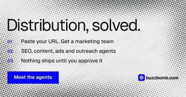 Social ad for BuzzBomb: "Distribution, solved." Swiss style, numbered layout, light palette in grey, white.