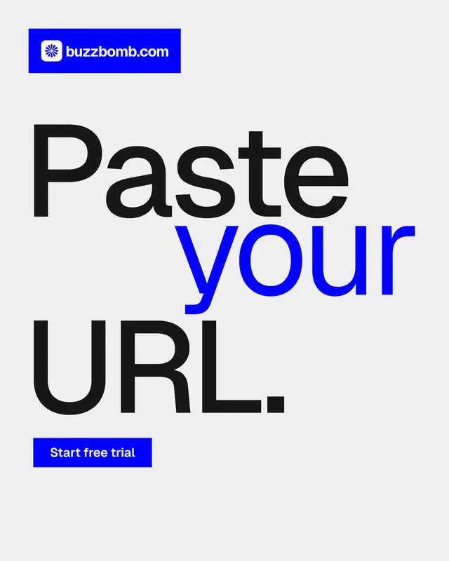 Instagram portrait post for BuzzBomb: "Paste your URL." Swiss style, stacked layout, light palette in white, blue.