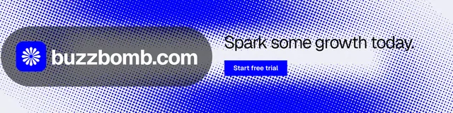 LinkedIn banner for BuzzBomb: "Spark some growth today." Swiss style, logo hero layout, light palette in blue, white.