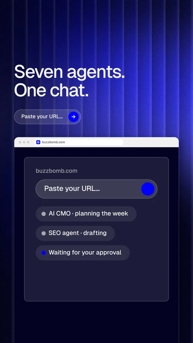 Instagram story for BuzzBomb: "Seven agents. One chat." Agentic glass style, browser layout, dark palette in black, blue, grey.
