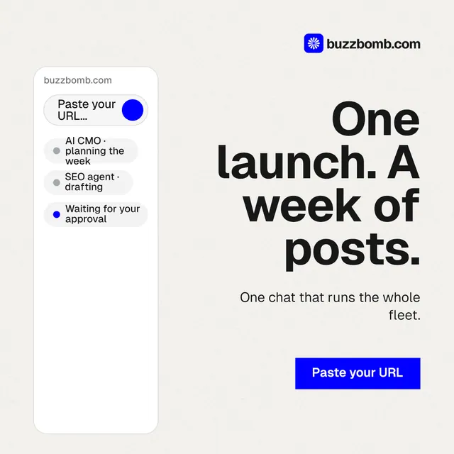Instagram post for BuzzBomb: "One launch. A week of posts." Swiss style, right layout, light palette in white, grey.
