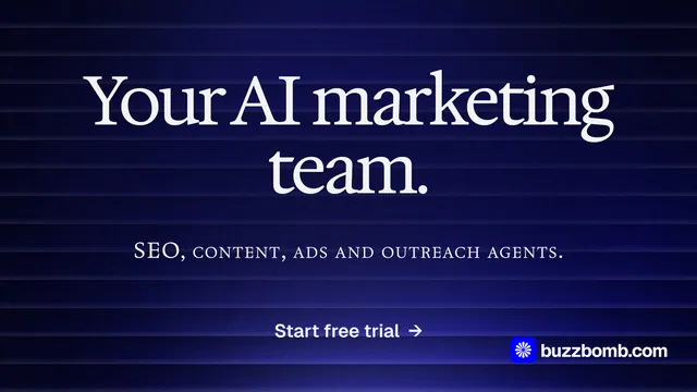 Landscape graphic for BuzzBomb: "Your AI marketing team." Agentic glass style, smallcaps layout, dark palette in blue, black, grey.