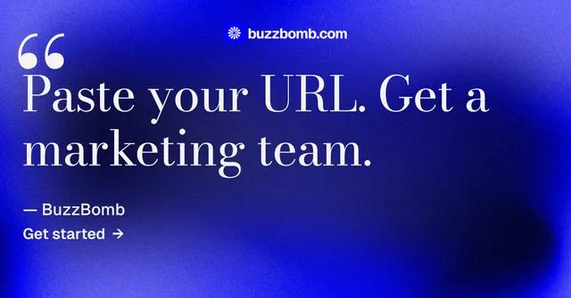 Social ad for BuzzBomb: "Your AI marketing team." Minimal luxury style, quote layout, dark palette in blue.