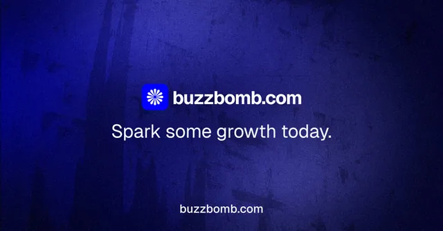 Social ad for BuzzBomb: "Spark some growth today." Swiss style, end card layout, dark palette in blue.