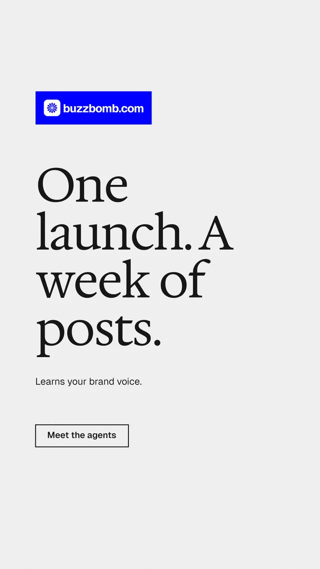 Instagram story for BuzzBomb: "One launch. A week of posts." Editorial style, announce layout, light palette in white, blue.
