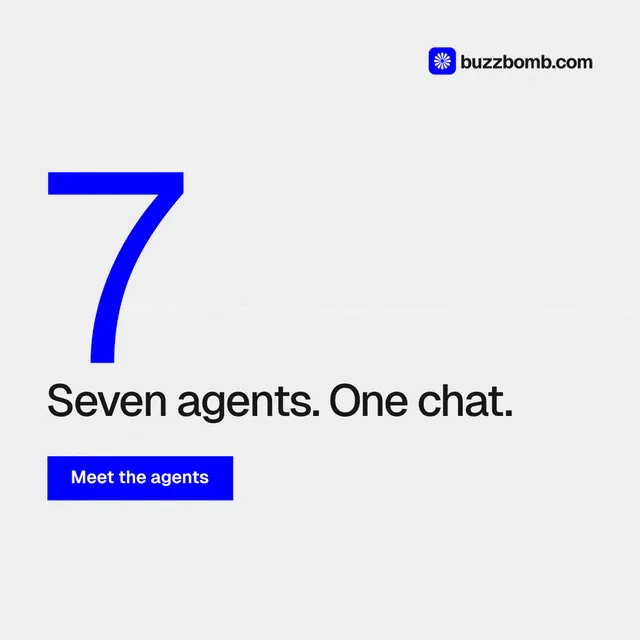 Instagram post for BuzzBomb: "Seven agents. One chat." Swiss style, stat layout, light palette in white, blue.