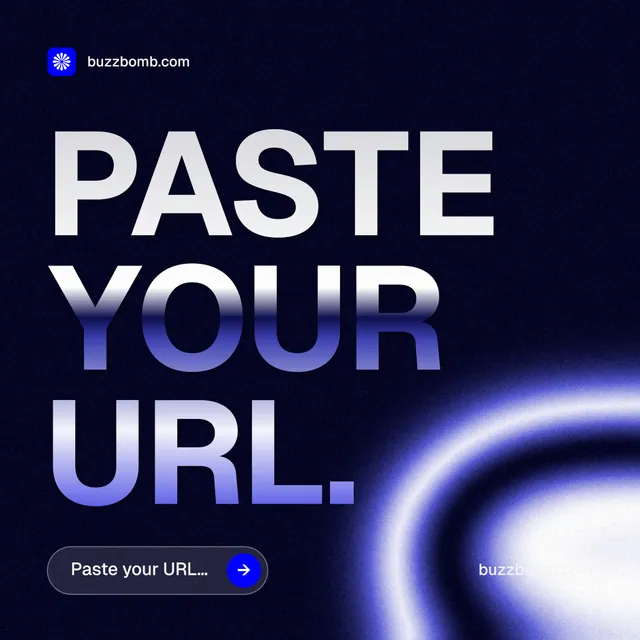 Instagram post for BuzzBomb: "Paste your URL." Agentic glass style, poster layout, dark palette in black, blue.