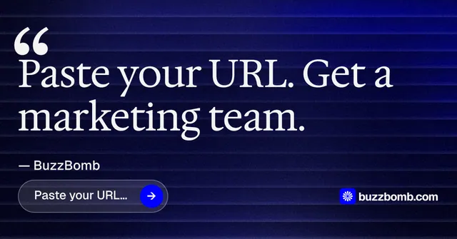 Social ad for BuzzBomb: "Your AI marketing team." Agentic glass style, quote layout, dark palette in black, blue, grey.
