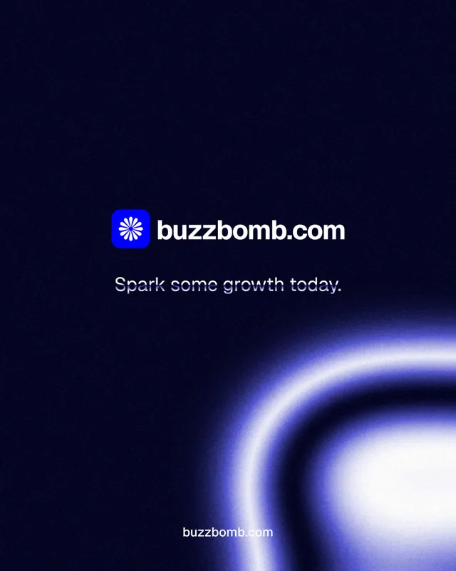 Instagram portrait post for BuzzBomb: "Spark some growth today." Agentic glass style, end card layout, dark palette in black, blue.
