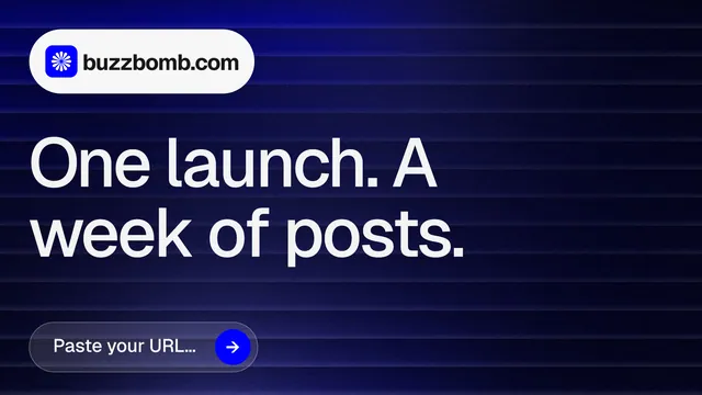 Landscape graphic for BuzzBomb: "One launch. A week of posts." Agentic glass style, announce layout, dark palette in black, blue, grey.