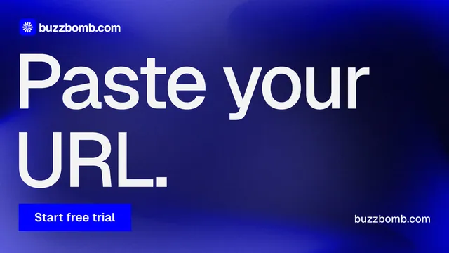 Landscape graphic for BuzzBomb: "Paste your URL." Swiss style, poster layout, dark palette in blue.