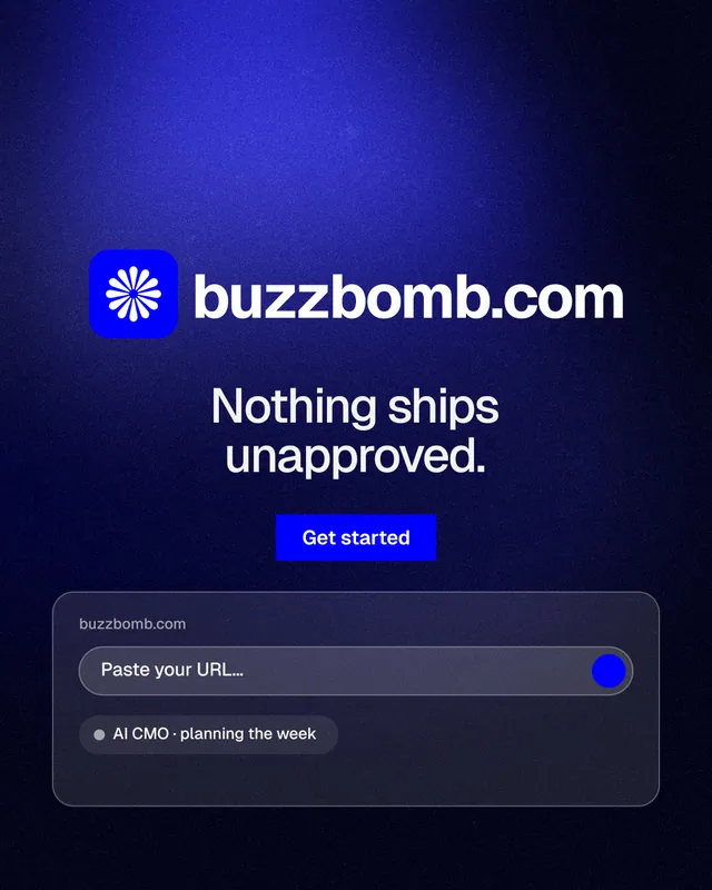 Instagram portrait post for BuzzBomb: "Nothing ships unapproved." Swiss style, logo hero layout, dark palette in black, blue.