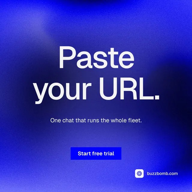 Instagram post for BuzzBomb: "Paste your URL." Swiss style, centred layout, dark palette in blue.