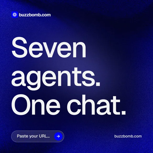 Instagram post for BuzzBomb: "Seven agents. One chat." Agentic glass style, poster layout, dark palette in black, blue, grey.