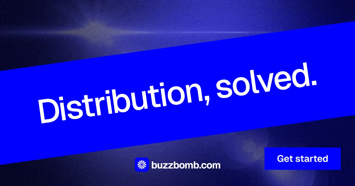Social ad for BuzzBomb: "Distribution, solved." Swiss style, diagonal layout, dark palette in blue.