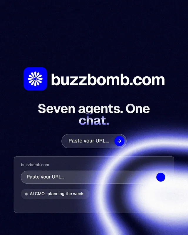 Instagram portrait post for BuzzBomb: "Seven agents. One chat." Agentic glass style, logo hero layout, dark palette in black, blue.