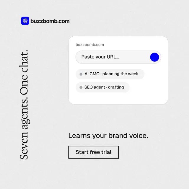 Instagram post for BuzzBomb: "Seven agents. One chat." Editorial style, vertical layout, light palette in white.