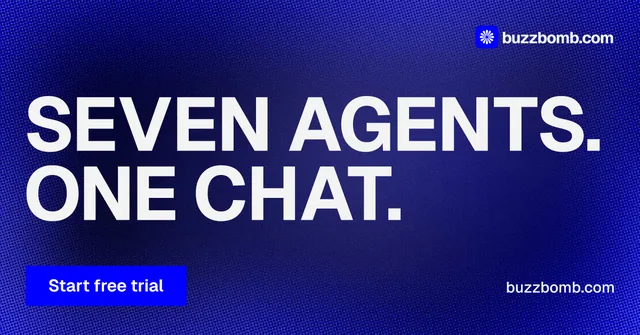 Social ad for BuzzBomb: "Seven agents. One chat." Swiss style, poster layout, dark palette in blue, grey.