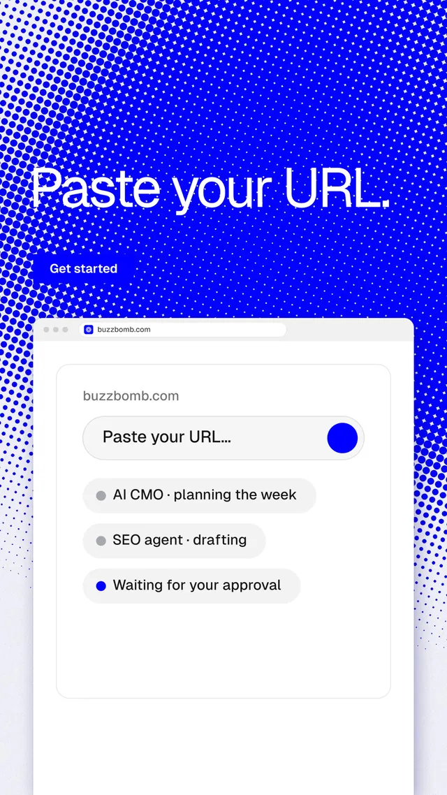 Instagram story for BuzzBomb: "Paste your URL." Swiss style, browser layout, light palette in white, blue.