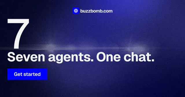 Social ad for BuzzBomb: "Your AI marketing team." Swiss style, stat layout, dark palette in black, blue.